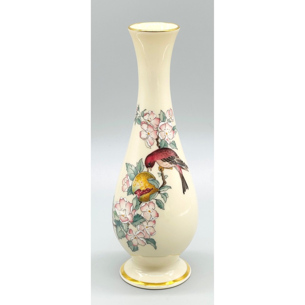 Lenox Serenade Bud Vase Cream Red Bird Floral Gold Trim 8.5 inch Made USA